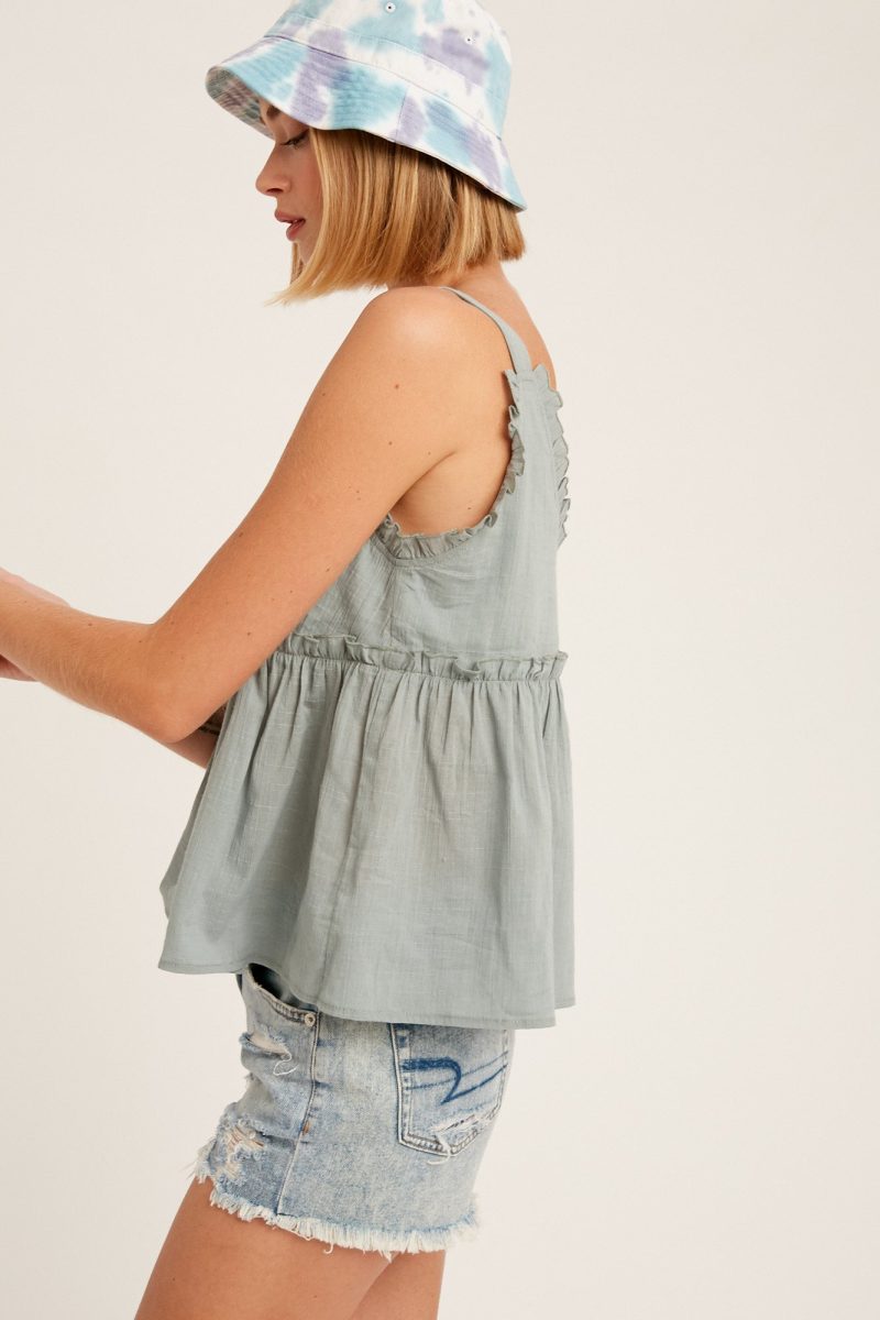 Textured Cotton V-Neck Ruffle Camisole Top - Image 2