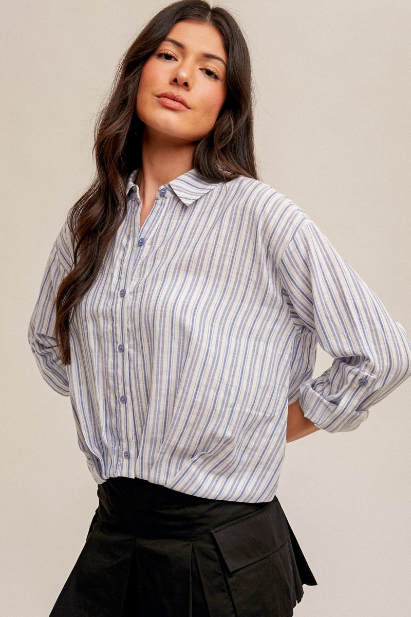 Pleated Hem Stripe Button Down Shirt - Image 3