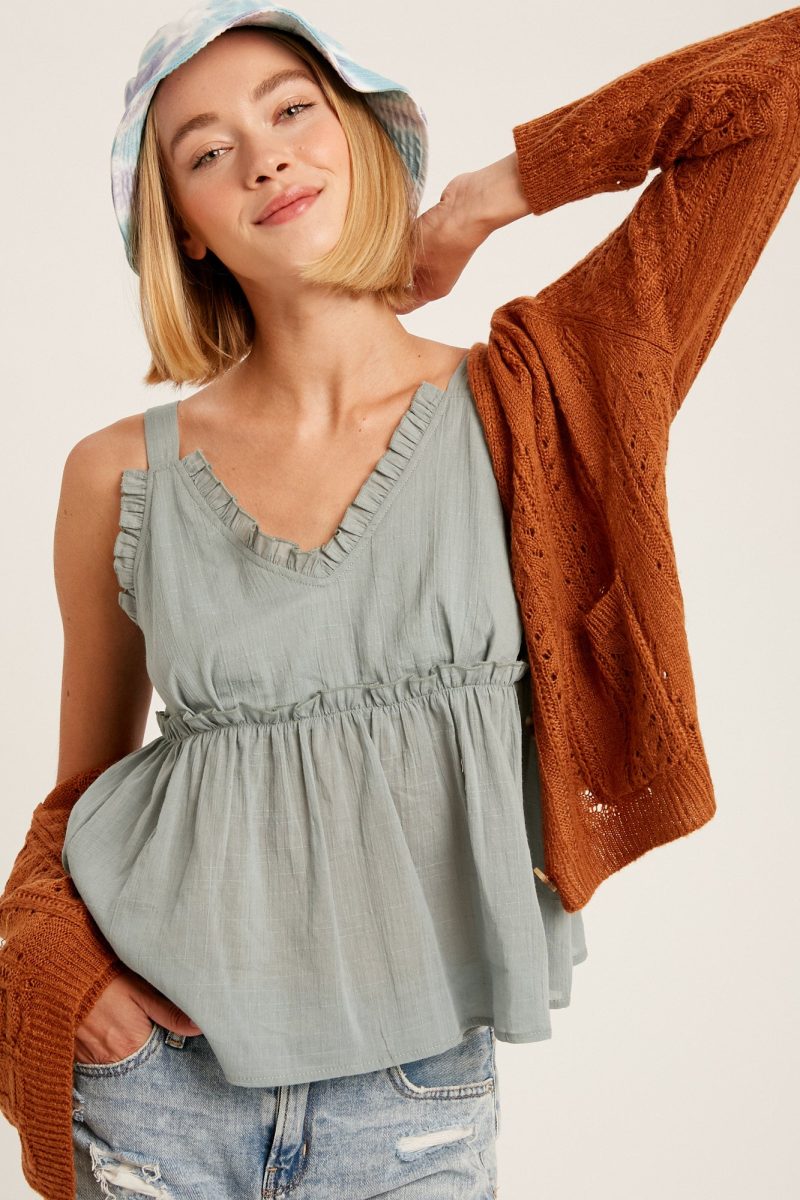 Textured Cotton V-Neck Ruffle Camisole Top - Image 10