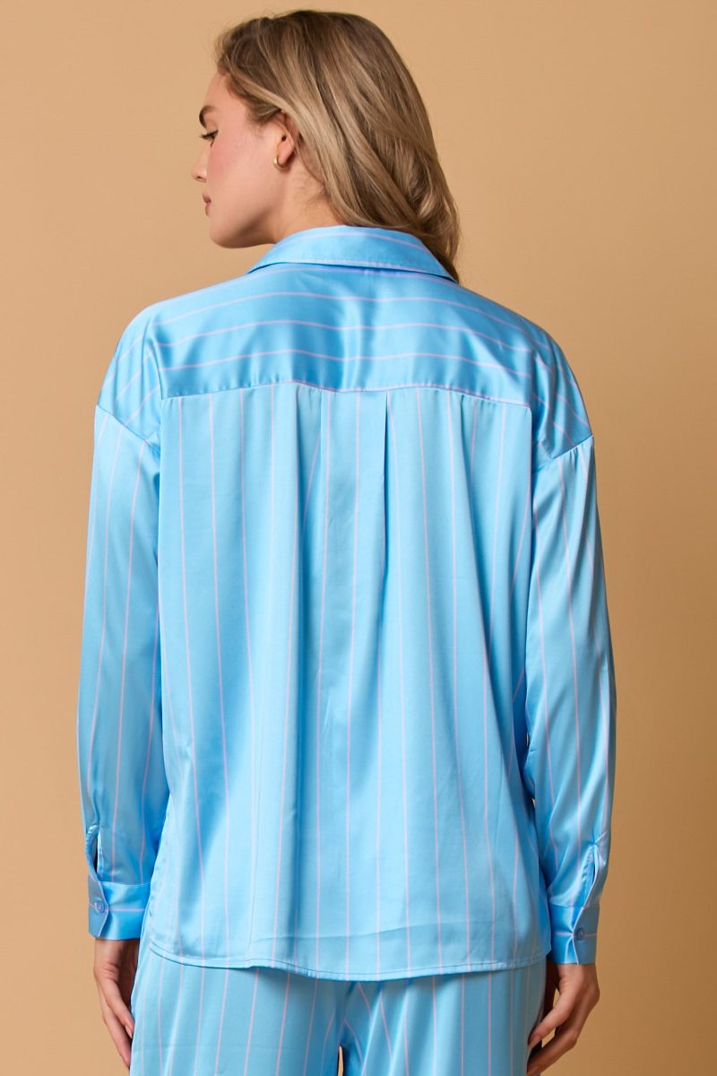 Satin Stripe Pajama Set with Bow Embroidery - Image 6