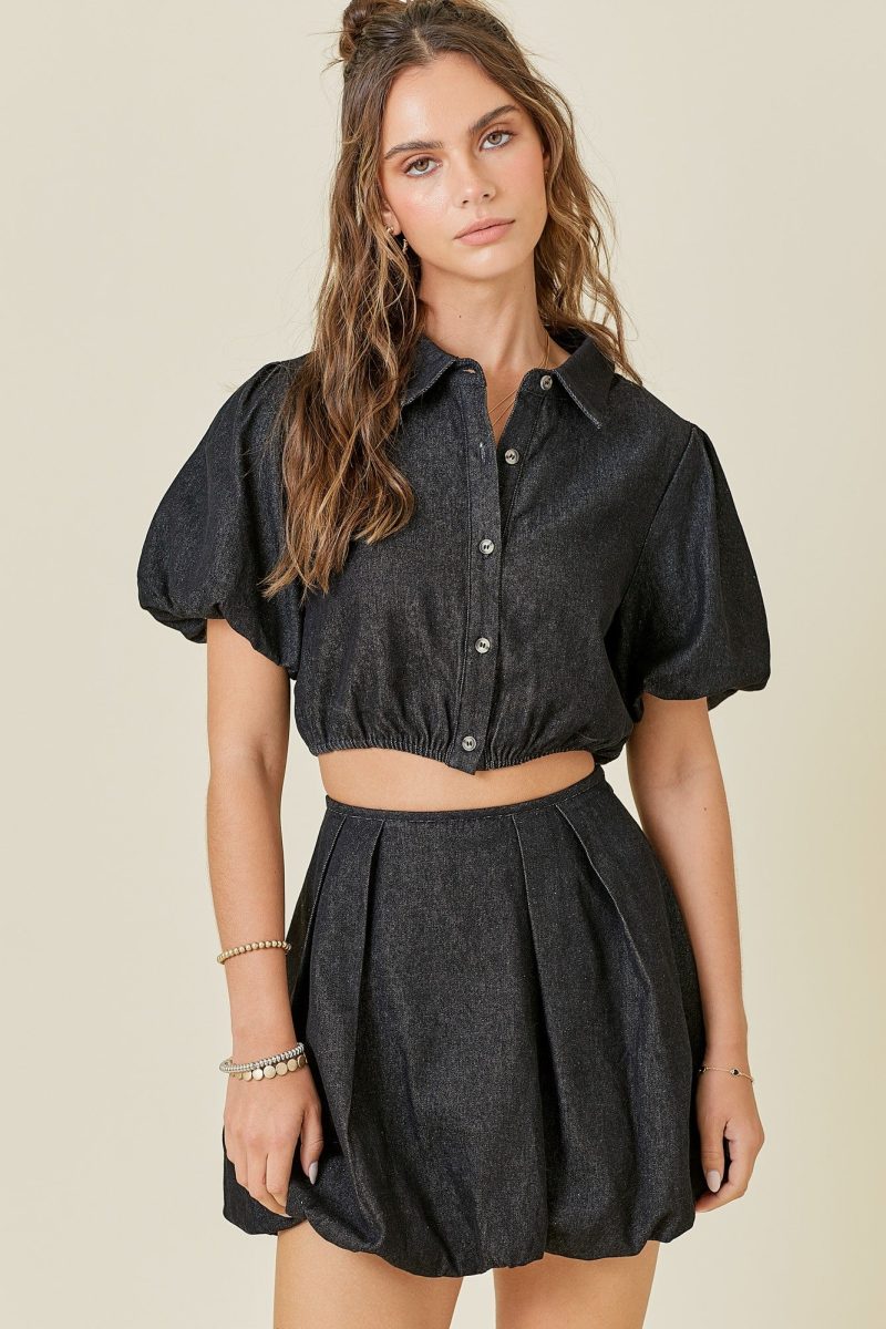 Button Down Puff Sleeve Denim Top - Image 5