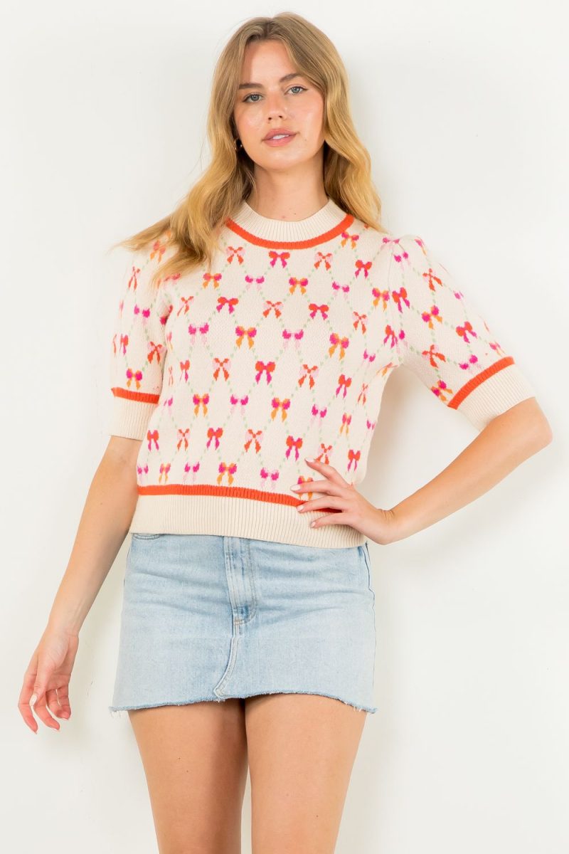 Short Sleeve Ribbon Pattern Knit Top - Image 8