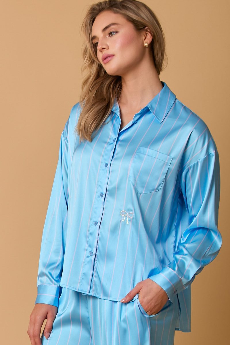 Satin Stripe Pajama Set with Bow Embroidery - Image 5