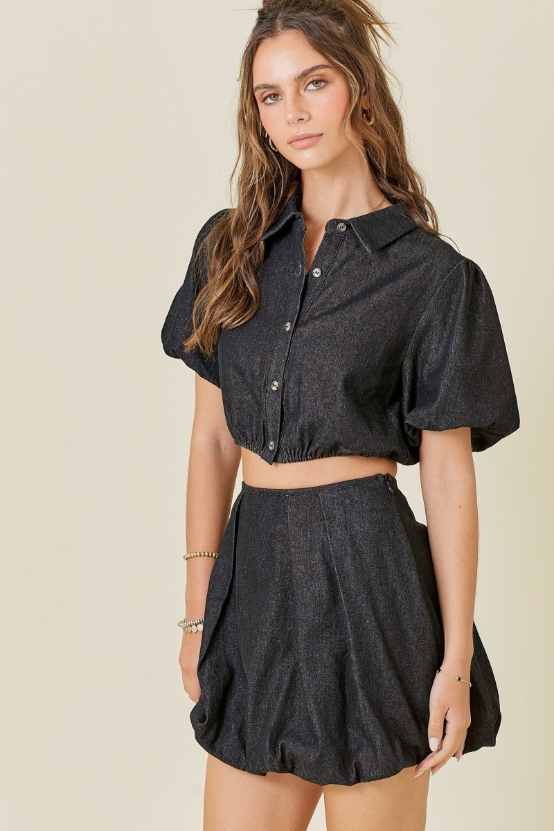 Button Down Puff Sleeve Denim Top - Image 4