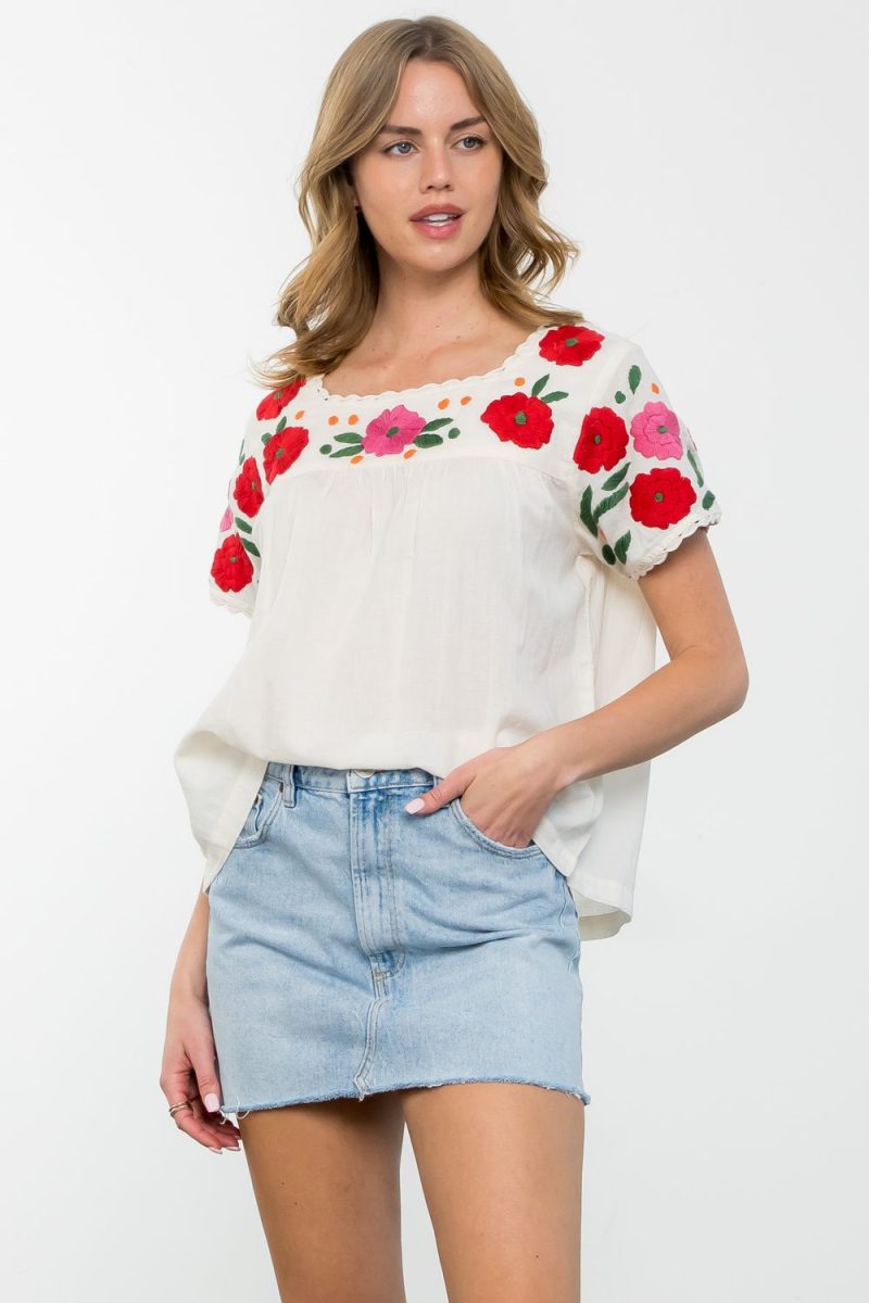 Flower Embroidered Short Sleeve Top - Image 2
