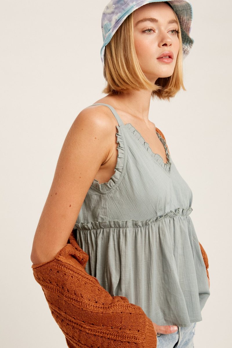 Textured Cotton V-Neck Ruffle Camisole Top - Image 4