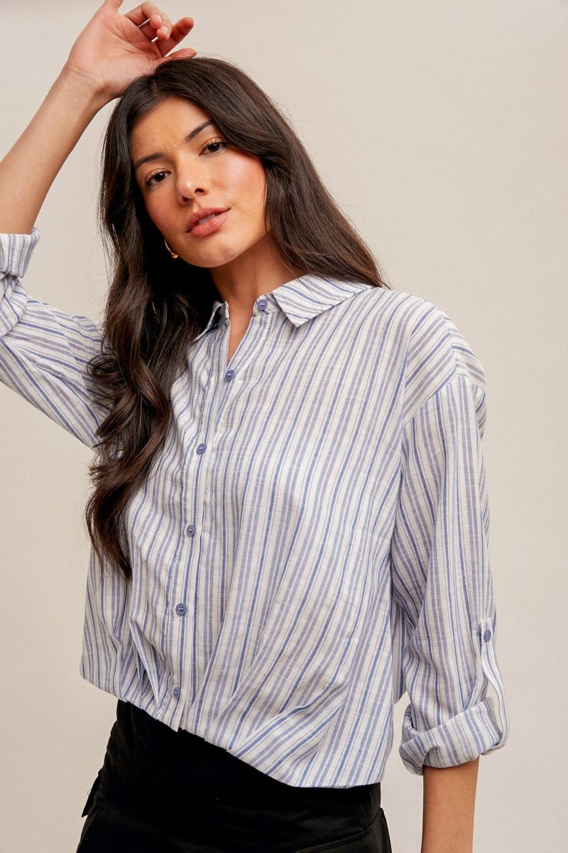 Pleated Hem Stripe Button Down Shirt - Image 2