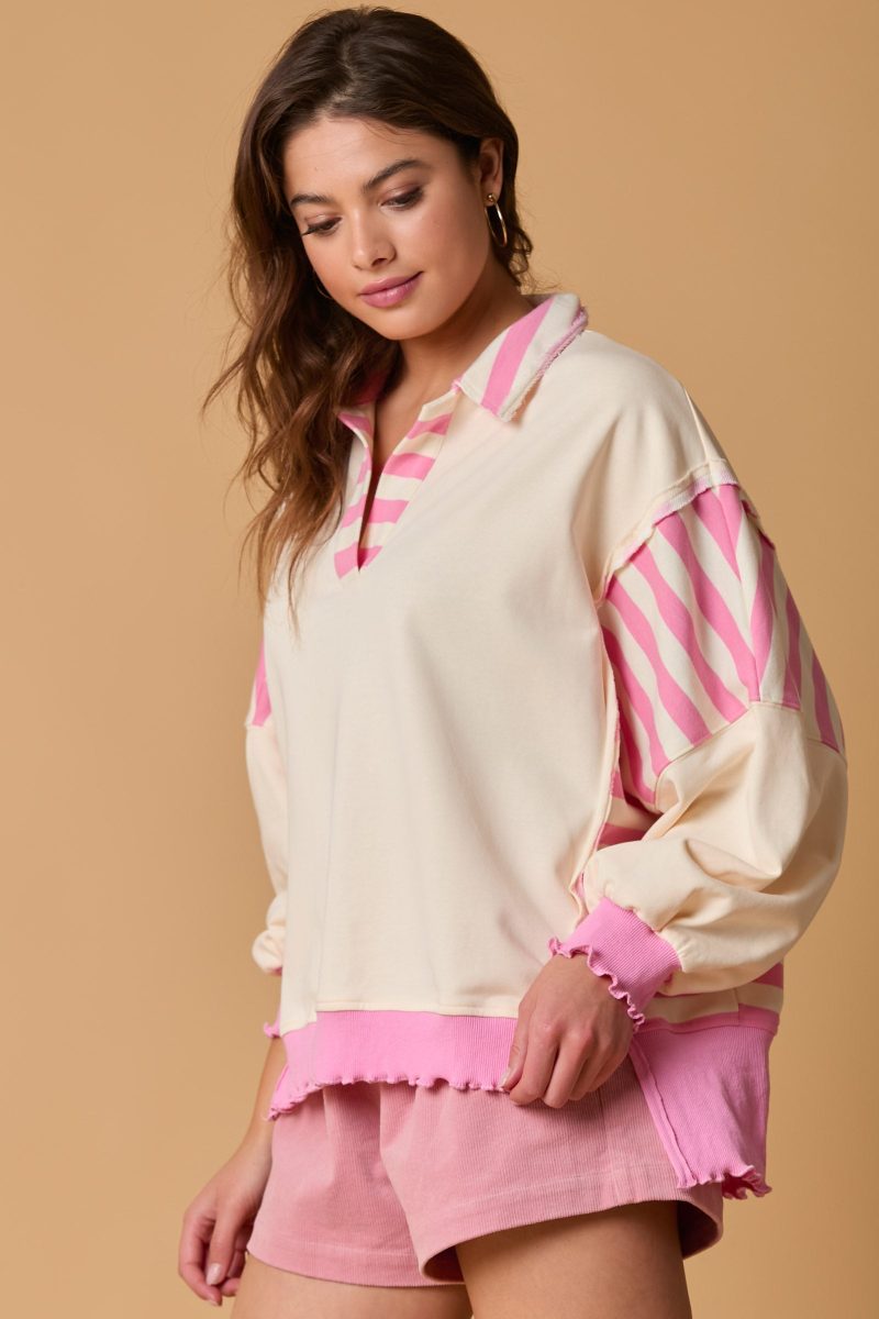 French Terry Stripe Mixed Loose Fit Rugby Top - Image 2