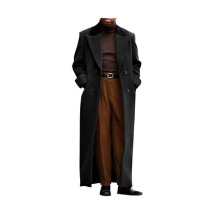 Mens Full Length Trench Coat Notched Lapel Long Jacket Double Breasted Classic Winter Overcoat