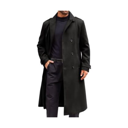 Mens Double Breasted Trench Coat Notched Lapel Long Peacoat Classic Casual Winter Overcoat