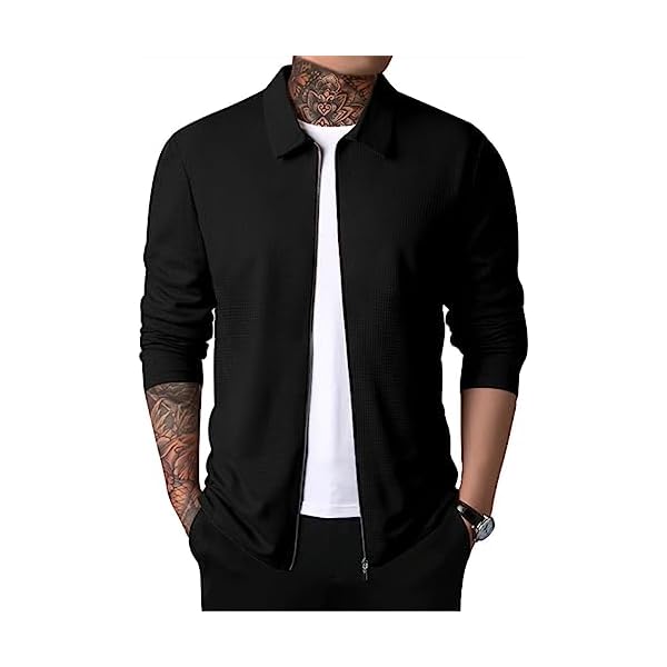 Men Casual Lightweight Jackets Laydown Collar Zipper Closure Solid Color Long Sleeve Waffle Jackets