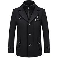 Men's Wool Blend Trench Coat Slim Fit Overcoat with Detachable Stand Collar Single Breasted Classic Dress Coat