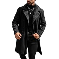 Mens Trench Coat Double Breasted Notched Collar Fleece Jacket Slim Fit Fall Winter Fuzzy Pea Coats Warm Overcoat