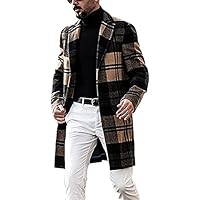 Men's Casual Notched Collar Plaid Single Breasted Wool Blend Formal Trench Top Coat