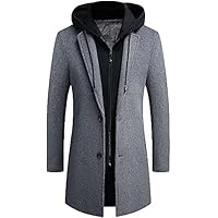 Men's Wool Coat Hoodie Long Trench Coat Cotton Casual Woollen Overcoat Jacket