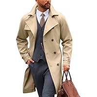 Mens Trench Coat Double Breasted Notched Lapel Casual Belted Windbreaker Fall Classic Long Jacket Overcoat
