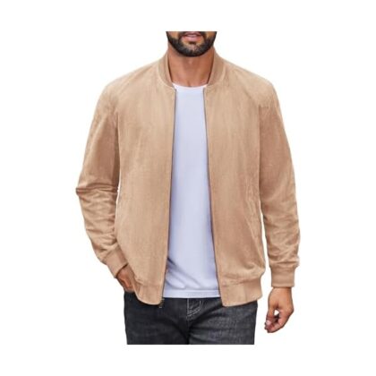 Men's Lightweight Suede Bomber Jackets Casual Varsity Jacket Vintage Faux Leather Jackets