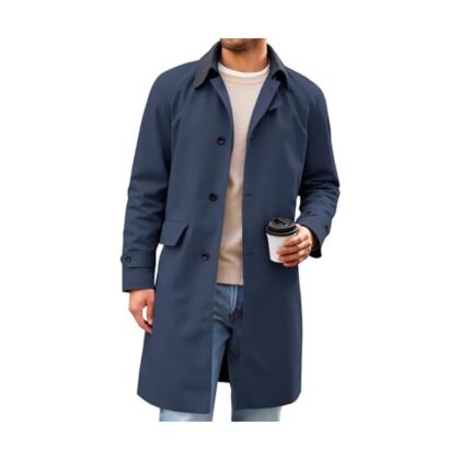 Mens Trench Coat Single Breasted Corduroy Lapel Long Jacket Fall Casual Vintage Windbreaker Overcoat