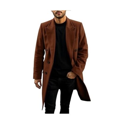 Mens Trench Coat Mid Long Double Breasted Slim Fit Peacoat Notched Lapel Winter Business Overcoat