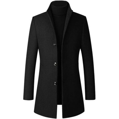 Men's Trench Coat Wool Blend Slim Fit Top Coat Single Breasted Business Overcoat