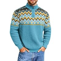 Men's Quarter Zip Fair Isle Sweater, Pullover Waffle Knitted Stand Collar, Nordic Vintage Long Sleeve Casual Soft