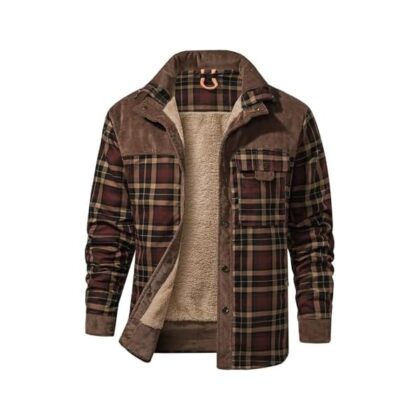 Men's Long Sleeve Sherpa Lined Shirts Outdoor Warm Flannel Plaid Jacket Button Down Fleece Coats