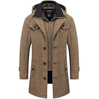 Men's Classic Long Pea Coat Warm Wool Blend Winter Trench Coat Single Breasted Overcoat with Detachable Collar