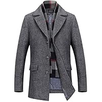 Mens Wool Blend Coat Winter Trench Coat with Detachable Soft Scarf Single Breasted Overcoat