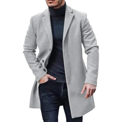 Men's Trench Coat Slim Fit Notch Lapel Single Breasted Top Coat Winter Warm Cotton Business Long Jacket Overcoat