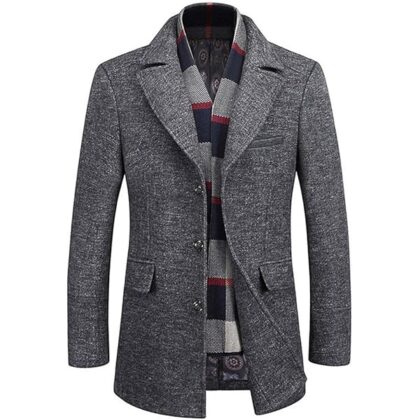 Men’s Wool Blend Winter Coat Slim Fit Short Trenchcoat Warm Business Jacket with Detachable Soft Wool Scarf