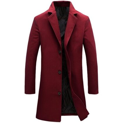 Mens Black Trench Coat Notched Lapel Single Breasted Long Peacoat Overcoat