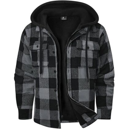 Mens Sherpa Flannel Shirt Jacket Plaid Fleece Lined Hoodie Full Zip Long Sleeve Winter Warm Coat for Men