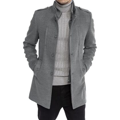 Mens Trench Coat Long Sleeve Stand Collar Single Breasted Pea Coat Casual Mid Long Slim Fit Overcoat with Pockets